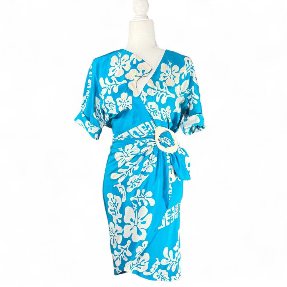 VTG Thierry Mugler 1990 Eté Hawaï Collection Tropical Silk Wrap Dress Blue 36‎ S